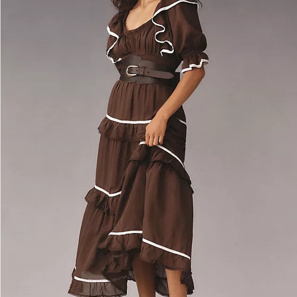 Anthropologie Brown Maxi Ruffle Dress